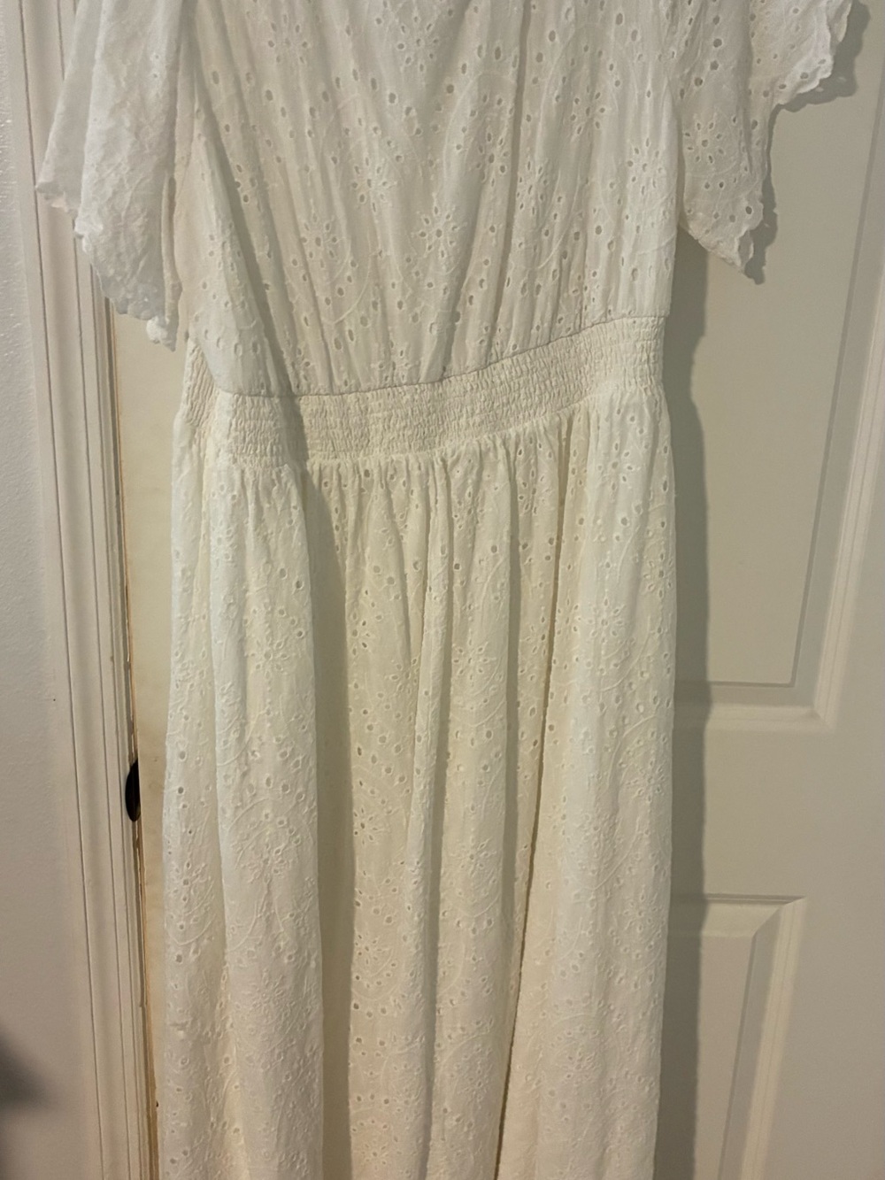Women’s cotton White Eyelet Smocked Waist Dress